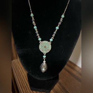 Y-Drop Filigree Silvertone Necklace with Teardrop Pendant